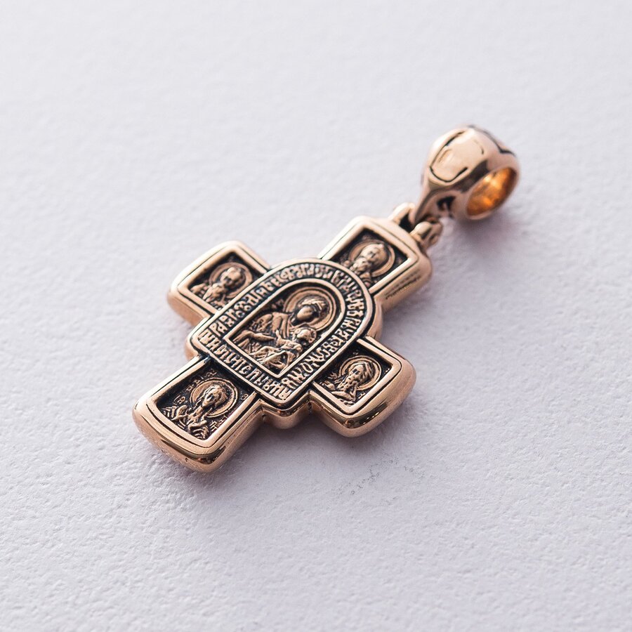 Золотий православний хрест "Господь Вседержитель. Іверська ікона Божої Матері і вісім святих" п02682