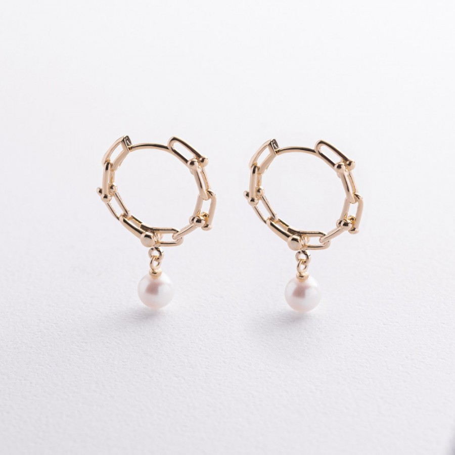 Серьги - кольца "Фантазия" с жемчугом (желтое золото) mini с09628