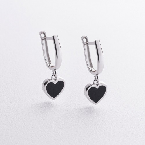 Серьги "Сердечки" в белом золоте (эмаль) с09642