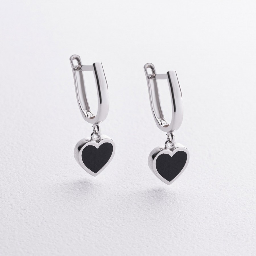 Серьги "Сердечки" в белом золоте (эмаль) с09642