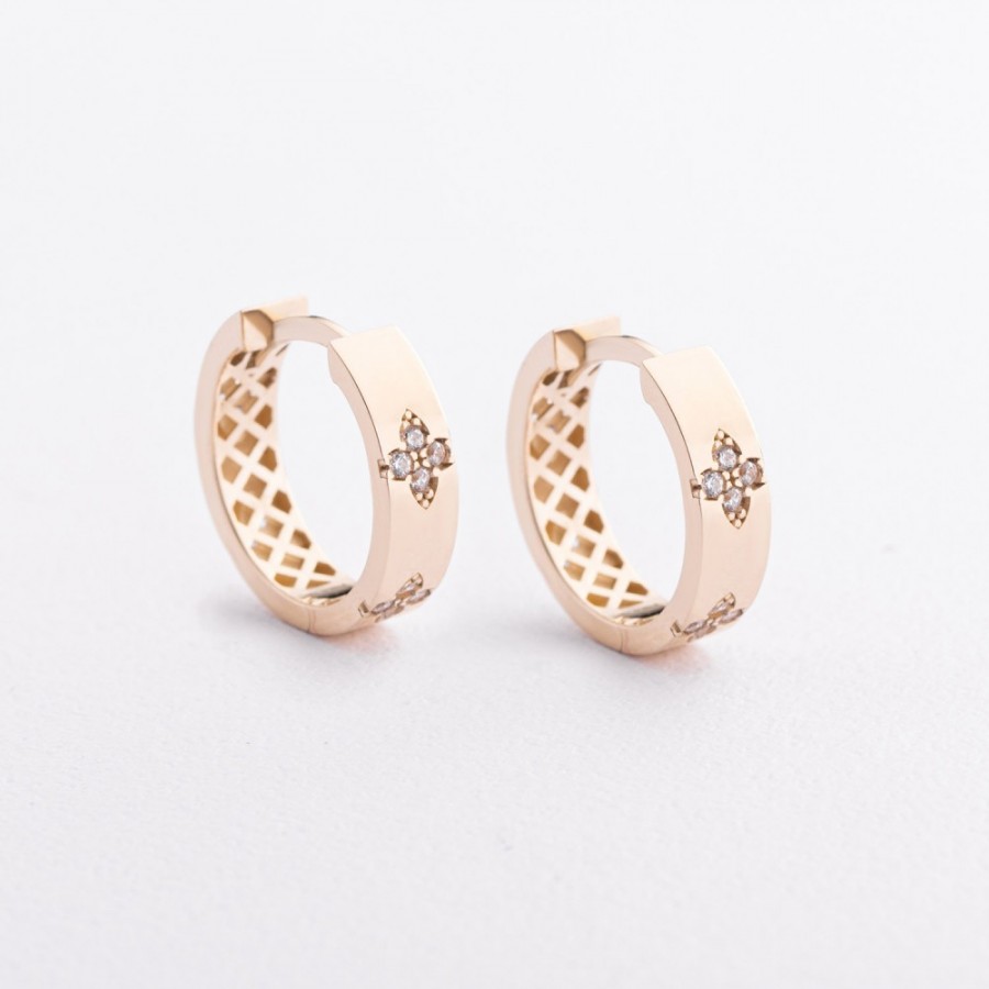 Сережки - кільця "Конюшина" в жовтому золоті (фіаніти) с09666