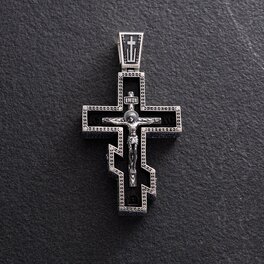 Чоловічий православний хрест "Розп'яття. Спаси та Збережи" з ебенового дерева та срібла 1329