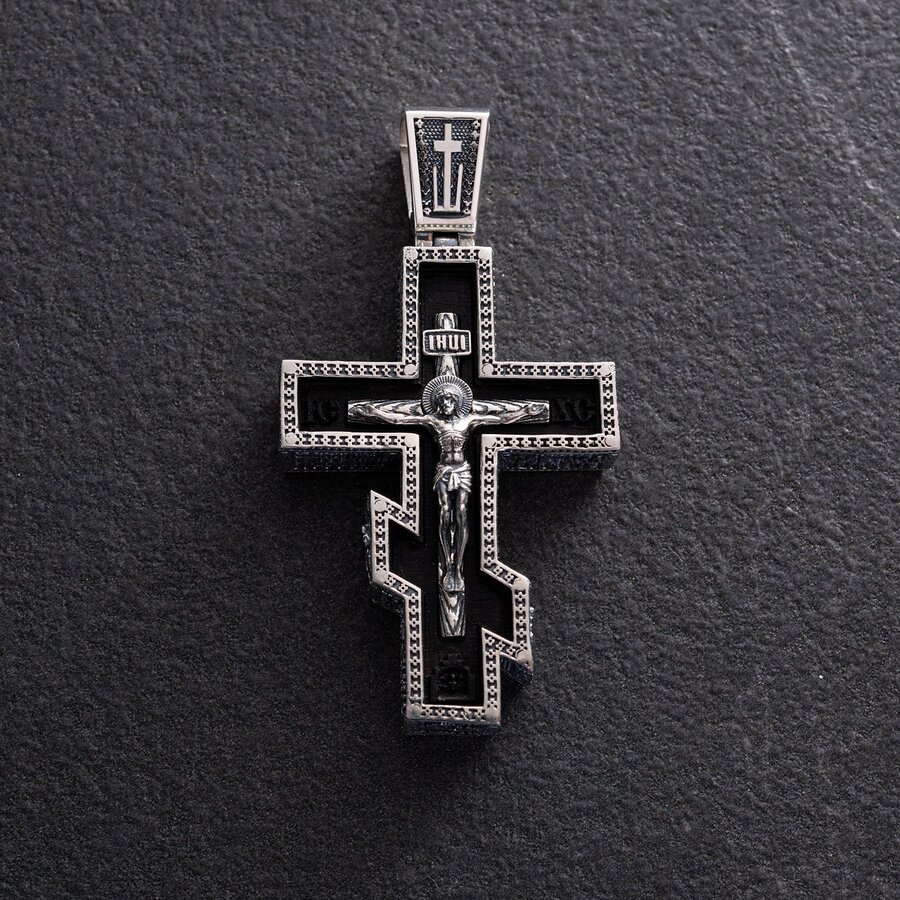 Мужской православный крест "Розп'яття. Спаси и Сохрани" (на укр. языке) из эбенового дерева и серебра 1329