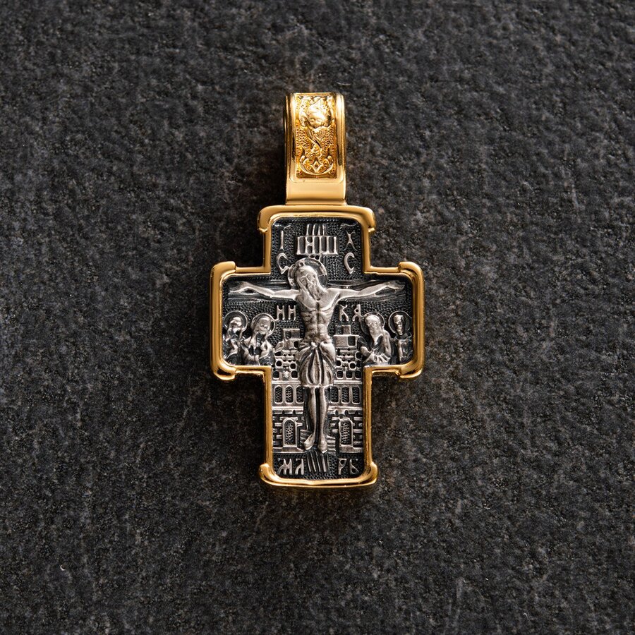Срібний православний хрест (чорніння) "Розп'яття. Св. Миколай Чудотворець" 132498