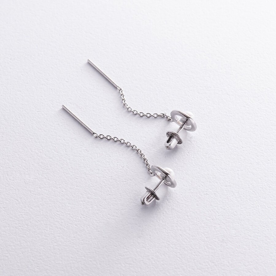 Срібні сережки - пусети з ланцюжками і перлами 40017