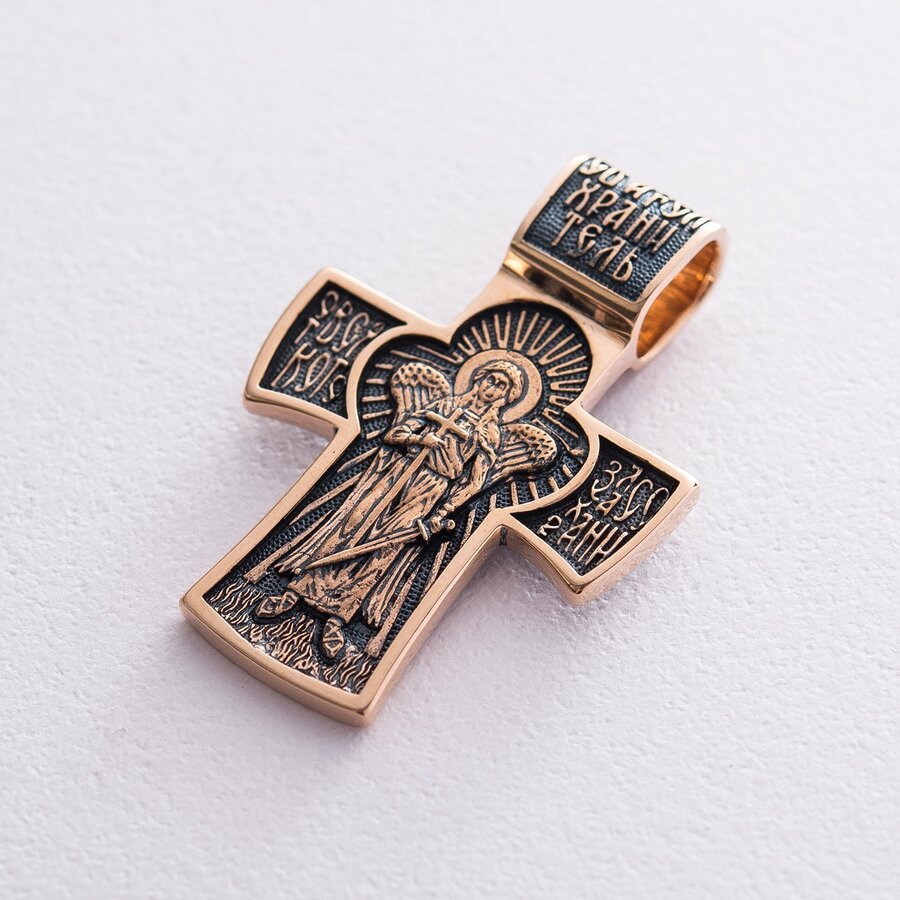 Золотий православний хрест "Розп'яття. Ангел Хранитель" п02885