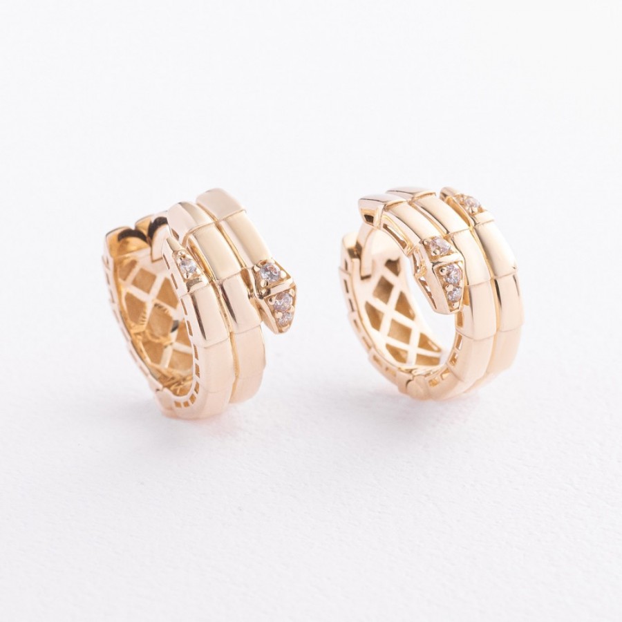 Сережки - кільця "Змії" у жовтому золоті (фіаніти) с09717