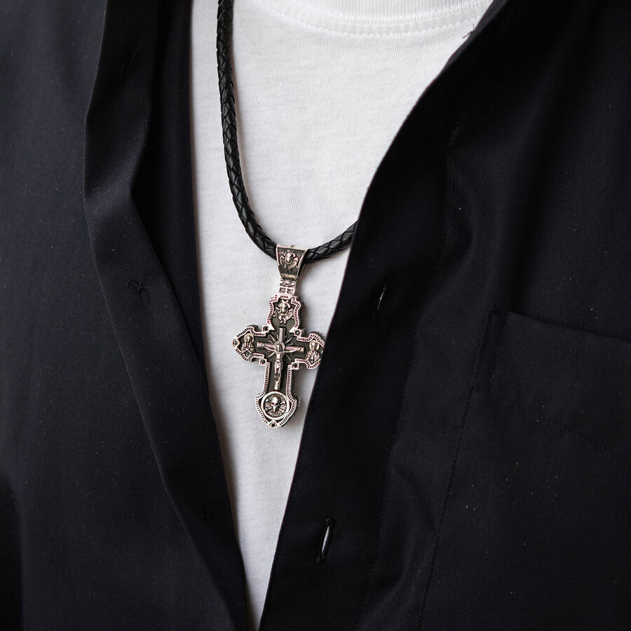 Чоловічий православний хрест "Розп'яття. Спаси та Збережи" з ебенового дерева та срібла 624