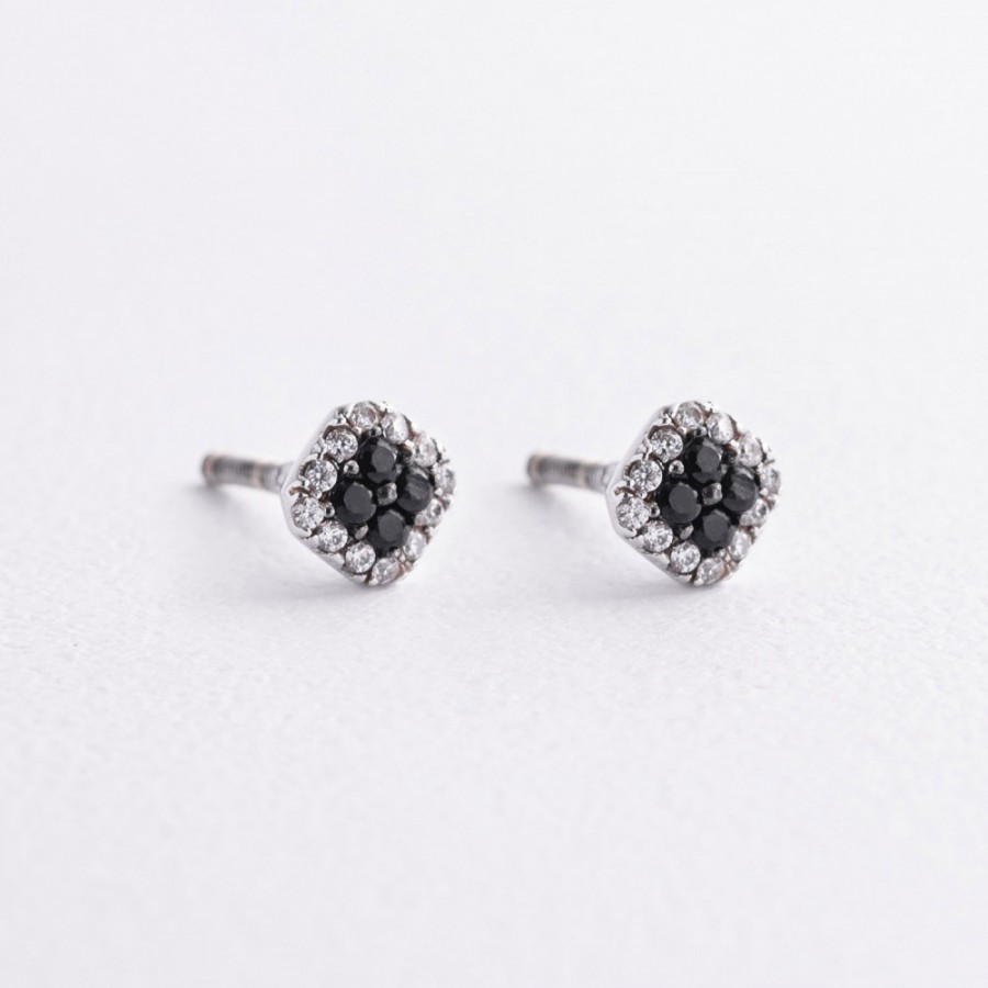 Серебряные серьги - пусеты с белыми и черными фианитами 2588/1р-CZч