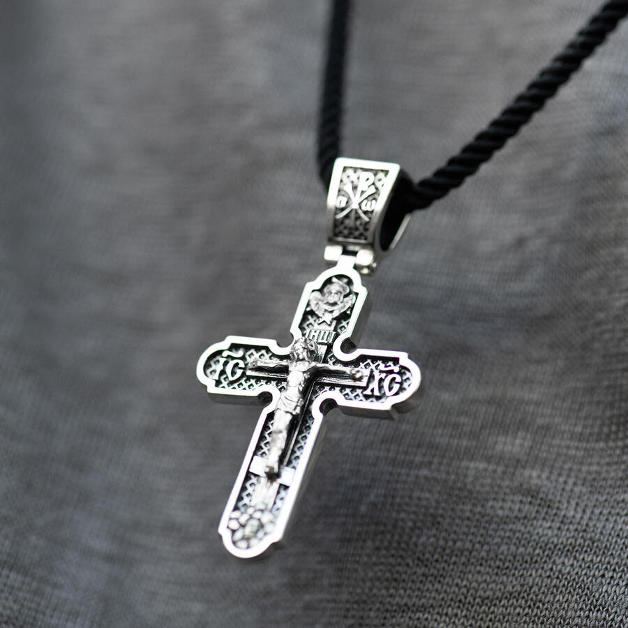 Серебряный крест "Распятие. Спаси и Сохрани" (на укр. языке) кду-13