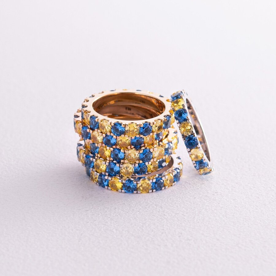 Кольцо с дорожкой голубых и желтых камней (желтое золото) к07106 14.5