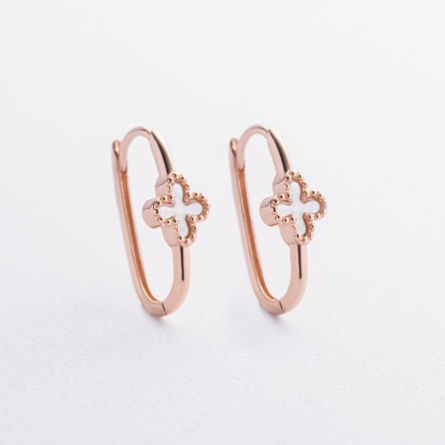 Серьги "Клевер" с перламутром (красное золото) с09391