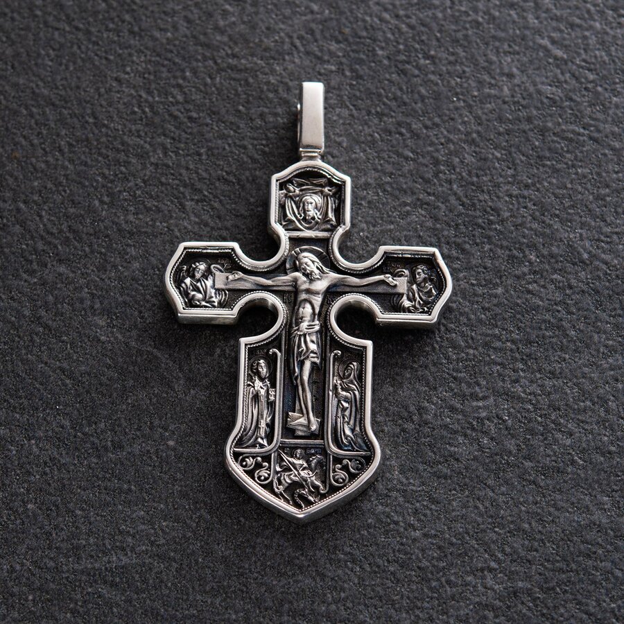 Срібний хрест "Розп'яття. Казанська ікона Божої Матері з предстоячими святими" 13537