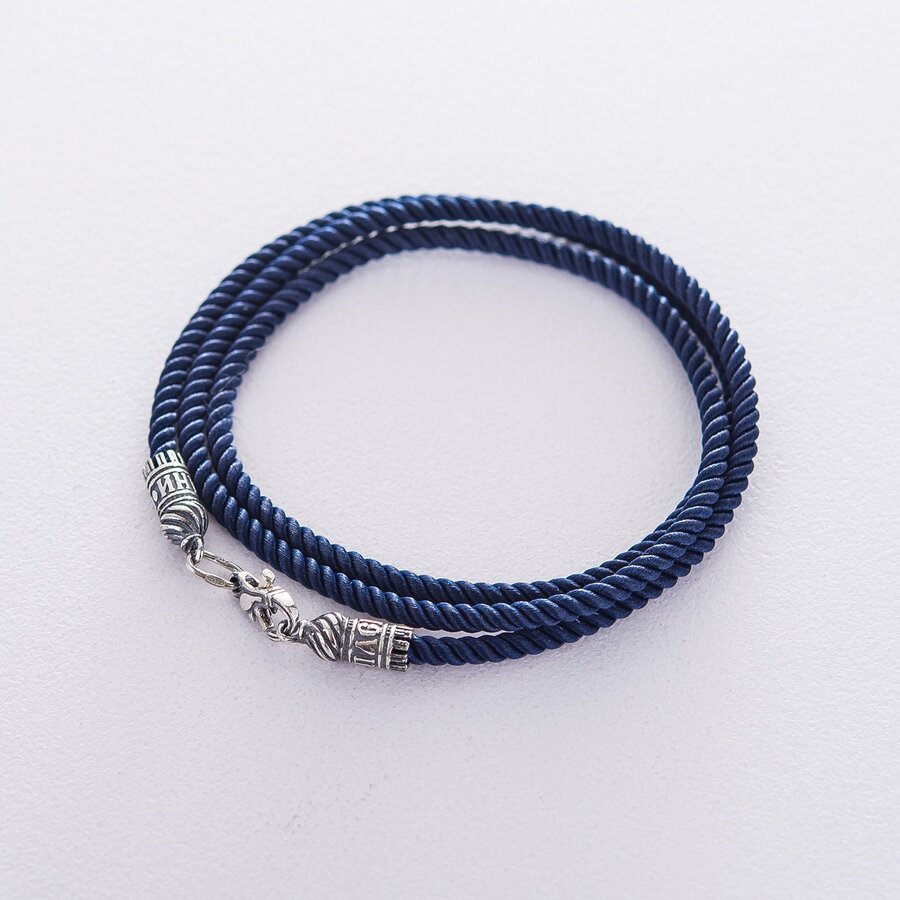 Шовковий синій шнурок "Спаси і збережи" зі срібною застібкою (3 мм) 18439
