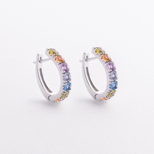 Золотые серьги с дорожкой разноцветных натуральных камней с09570