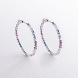 Срібні сережки - кільця з різнокольоровими фіанітами 123304
