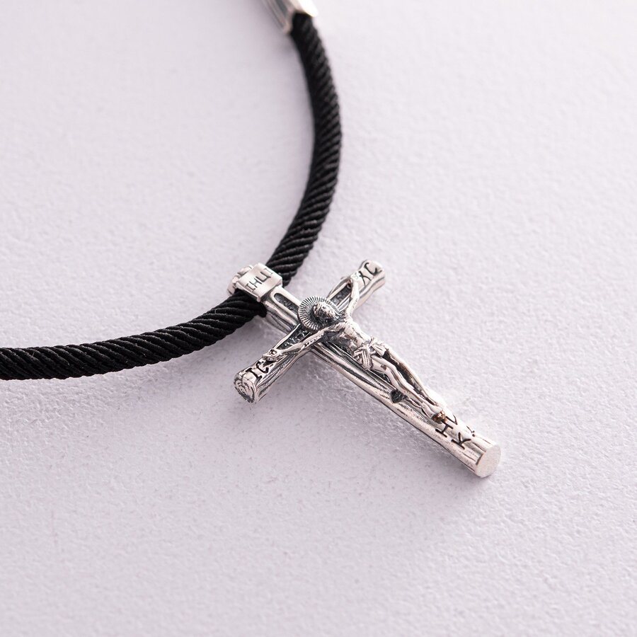 Православний срібний хрест "Розп'яття. Спаси та Збережи" на шнурку 846