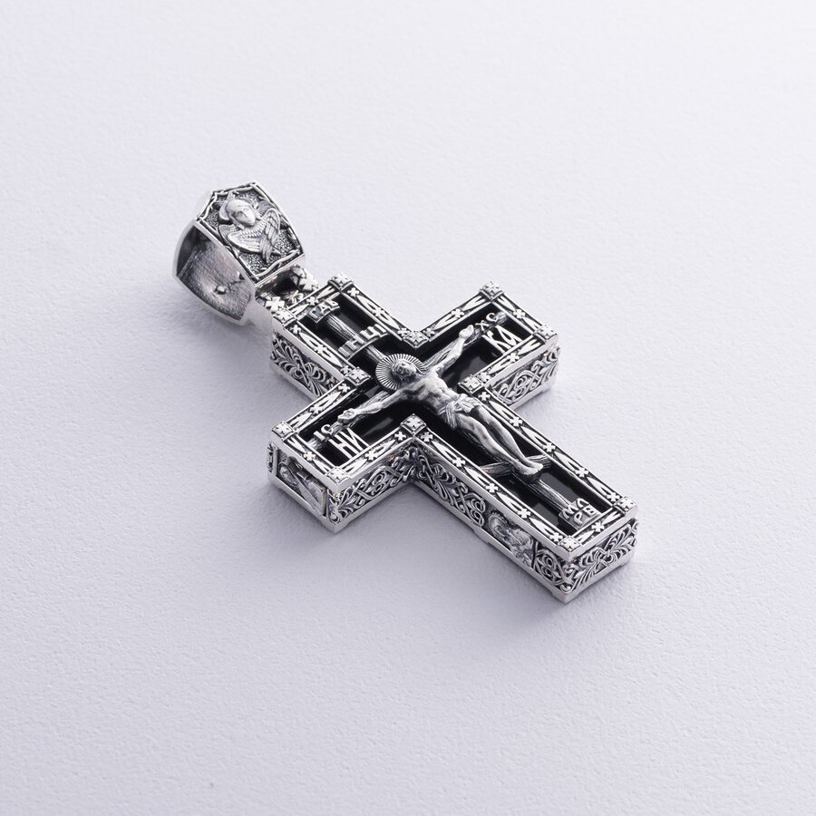 Мужской серебряный православный крест "Распятие" с ониксом 1070о