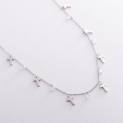 Срібне кольє "Хрестики" з фіанітами 18935