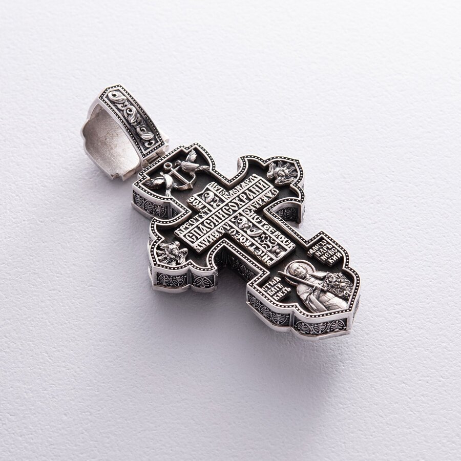 Чоловічий православний хрест "Розп'яття. Спаси та Збережи" з ебенового дерева та срібла 1003с