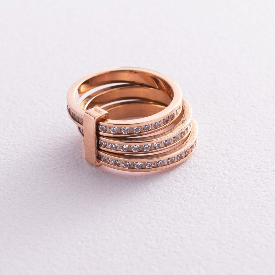 Тройное женское кольцо из красного золота с фианитами к02642