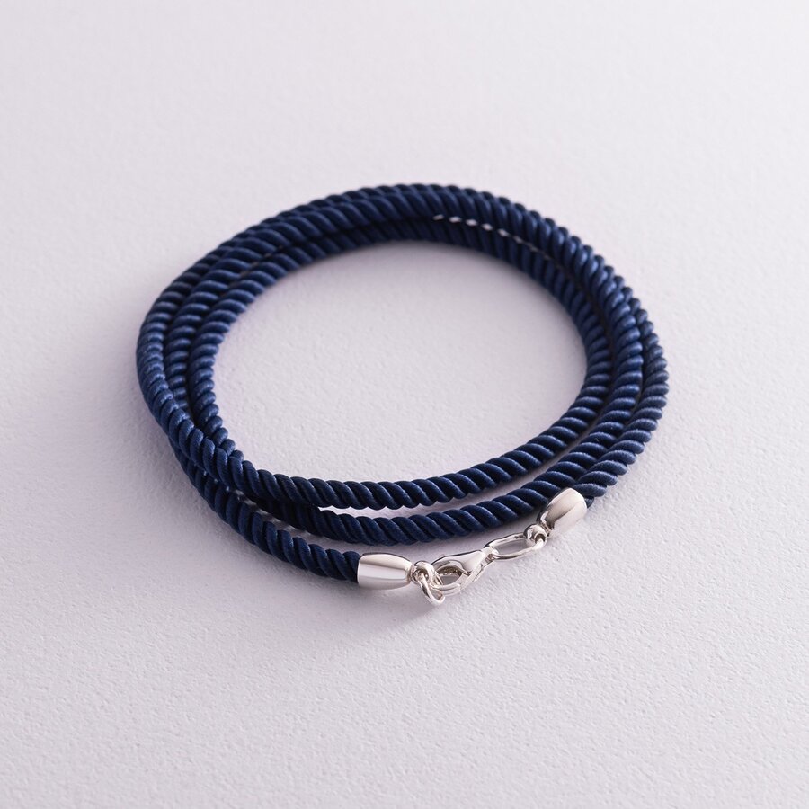 Шелковый синий шнурок с гладкой серебряной застежкой (3мм) 18397