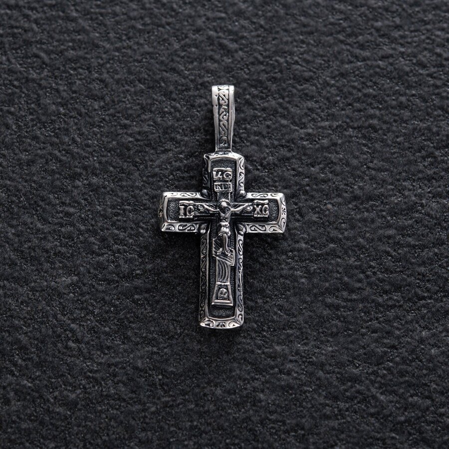Серебряный православный крест "Распятие. Спаси и сохрани" 133079