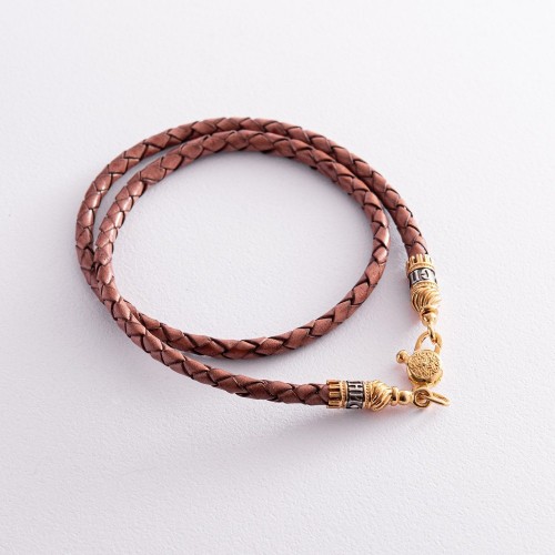 Кожаный шнурок с серебряной застежкой (позолота, чернение) 18769