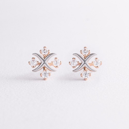 Сережки - пусети "Конюшина" з фіанітами (червоне, біле золото) с09677