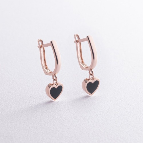 Серьги "Сердечки" в красном золоте (эмаль) с07468 Серьги "Сердечки" в красном золоте (эмаль) с07468