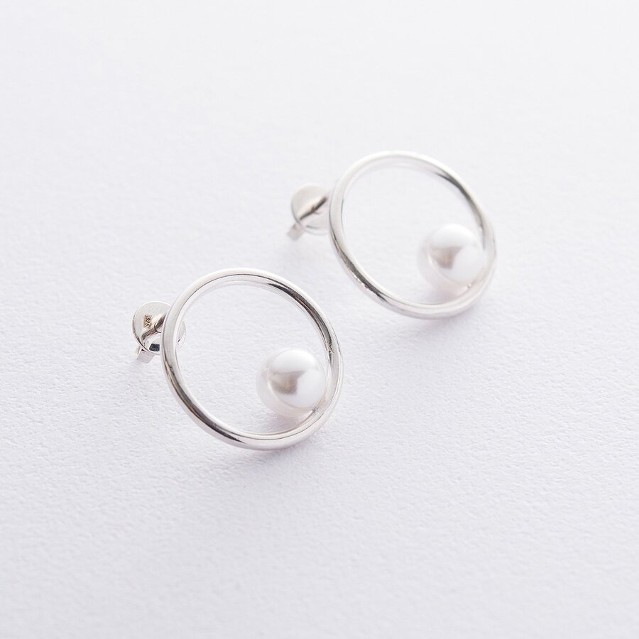 Срібні сережки-пусети "Кругообіг" з перлами 122551