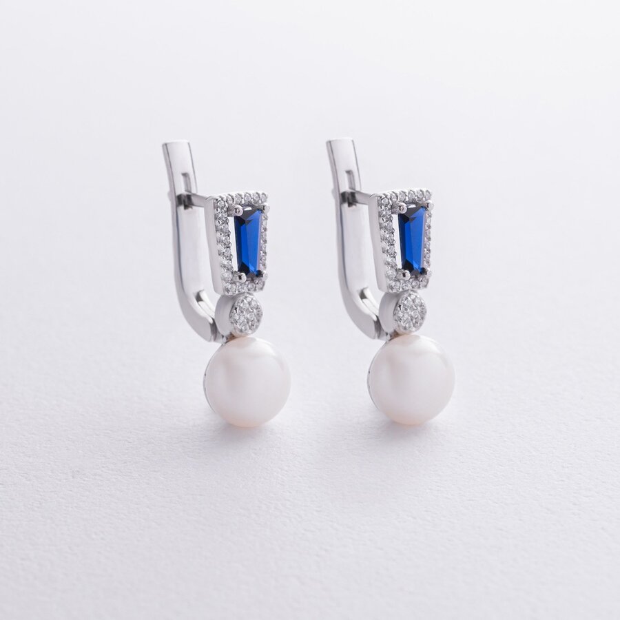 Срібні сережки з перлами, гідротерм. сапфірами та фіанітами 2488/1р-PWTNS