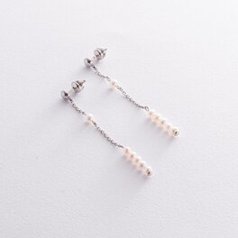 Срібні сережки - пусети з перлами на ланцюжку 2340/1р-3PWT