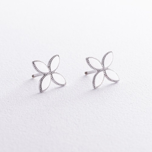 Серьги - пусеты "Клевер" в белом золоте с08481