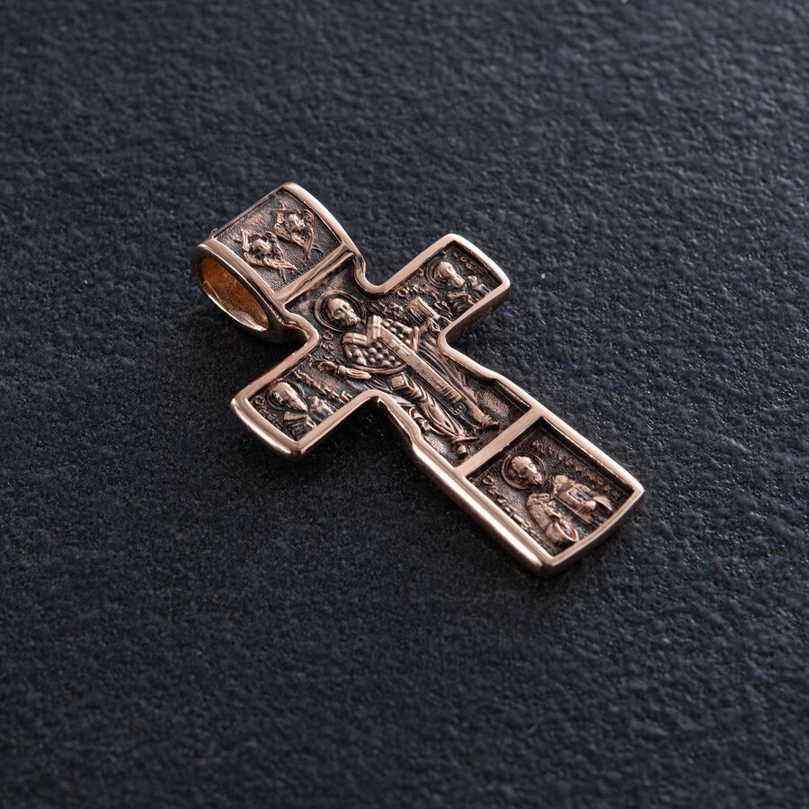 Православный золотой крест "Распятие Христово. Святой Николай" п03315