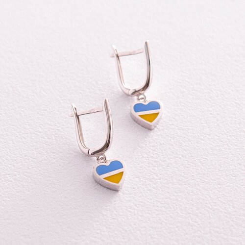 Сережки "З Україною в серці" у білому золоті (блакитна та жовта емаль) с08096
