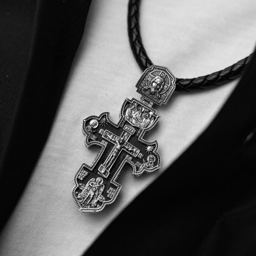 Чоловічий православний хрест "Розп'яття. Спаси та Збережи" з ебенового дерева та срібла 1003с