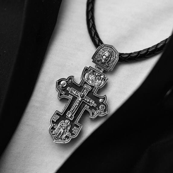 Мужской православный крест "Распятие. Спаси и Сохрани" из эбенового дерева и серебра 1003с
