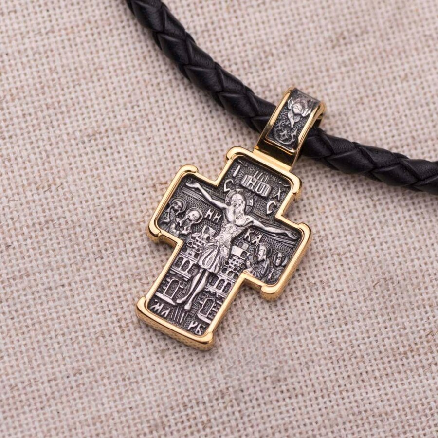 Серебряный православный крест "Распятие. Св. Николай Чудотворец" с позолотой 132498