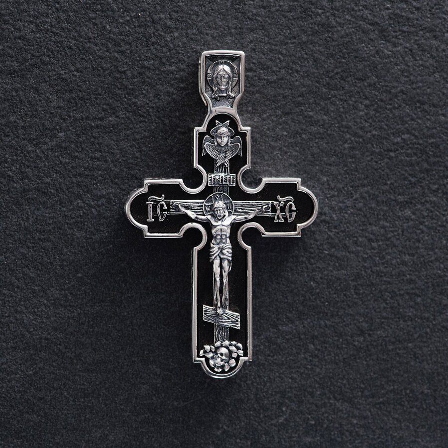 Мужской православный крест "Розп'яття. Спаси и Сохрани" (на укр. языке) из эбенового дерева и серебра 1214