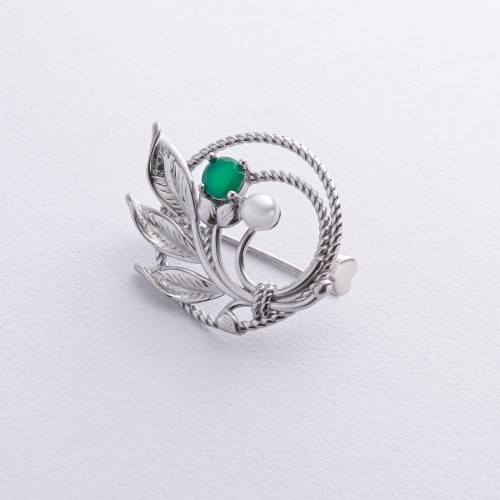 Серебряная брошь с жемчужиной и фианитом 16151