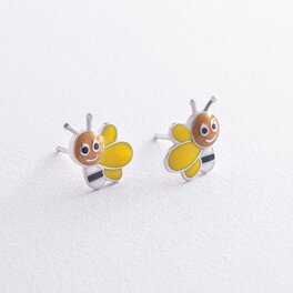 Детские серьги - пусеты "Пчелки" в серебре (эмаль) 449