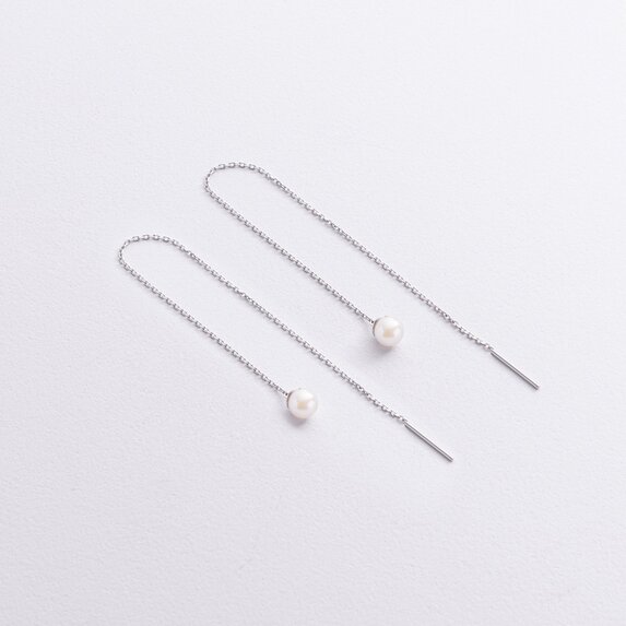 Сережки - протяжки з перлами (біле золото) с09073
