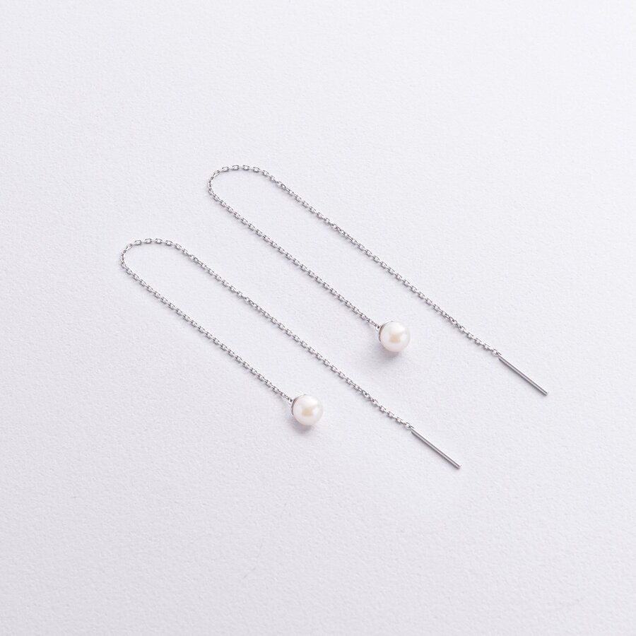 Сережки - протяжки з перлами (біле золото) с09073