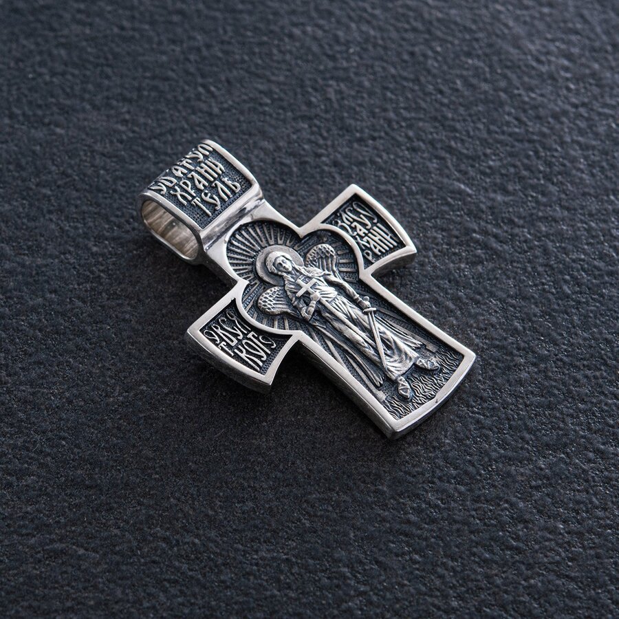 Срібний хрест "Розп'яття Христове. Ангел Хранитель" з чорнінням 132566