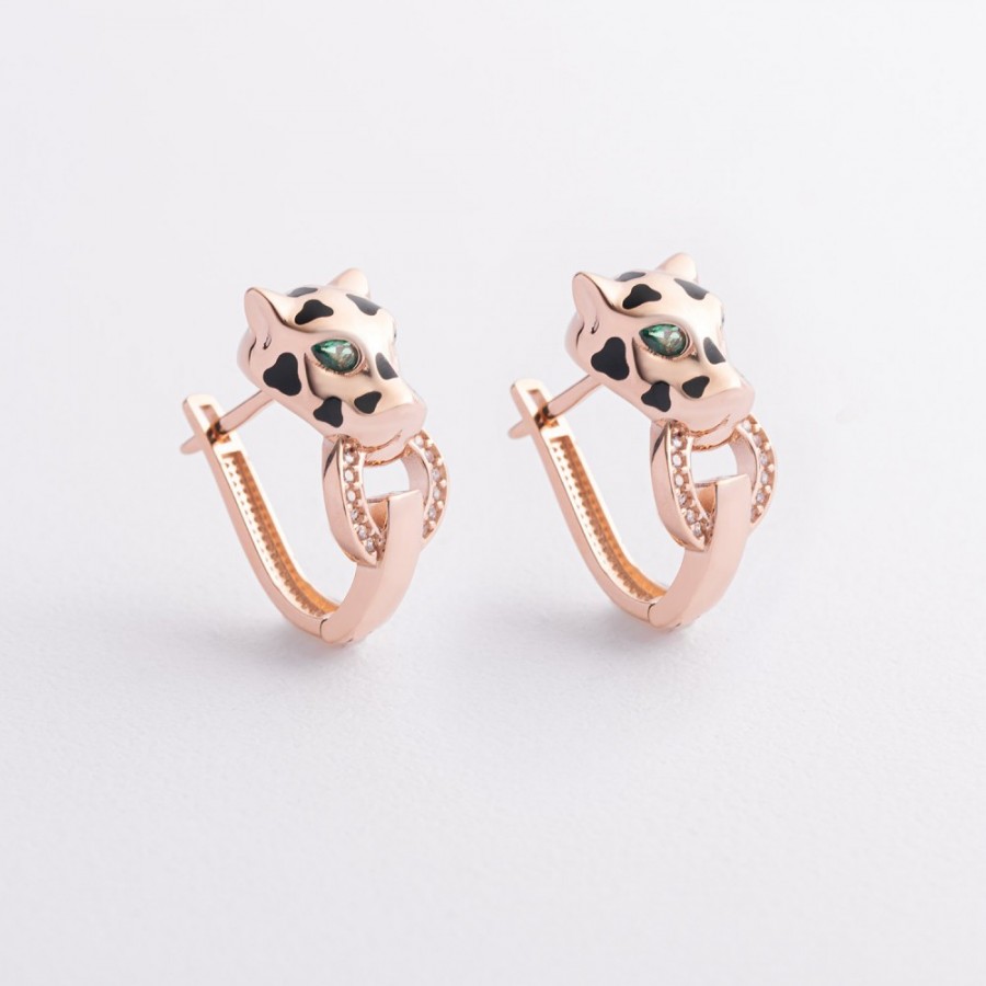 Золотые серьги "Пантера" (фианиты, эмаль) с09592