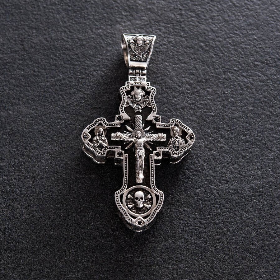 Мужской православный крест "Распятие. Спаси и Сохрани" из эбенового дерева и серебра 624