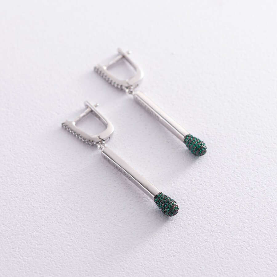 Срібні сережки "Сірники" (зелені фіаніти) 122930