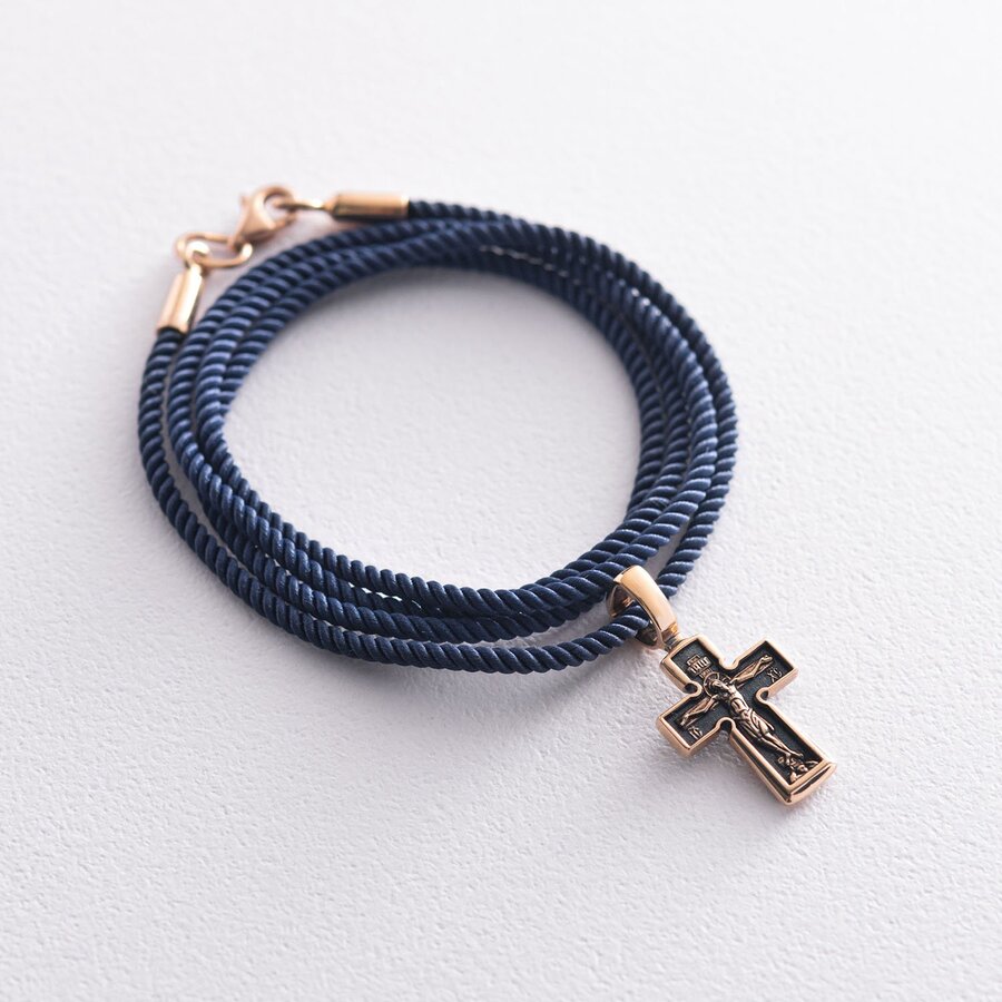 Шелковый синий шнурок с гладкой золотой застежкой (2мм) кол00950