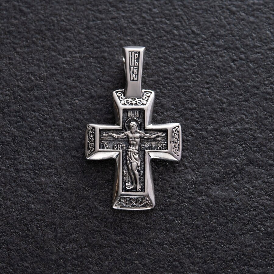 Православний срібний хрест "Розп'яття. Спаси та Збережи" 133004